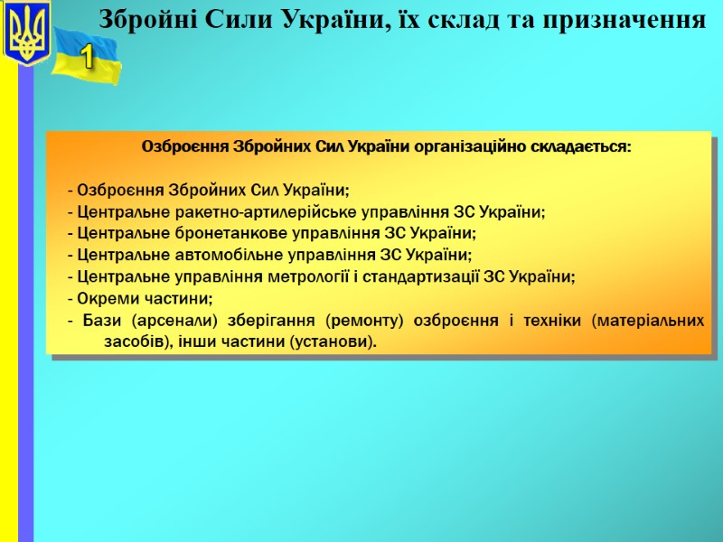 Озброєння Збройних Сил України організаційно складається:  - Озброєння Збройних Сил України; - Центральне